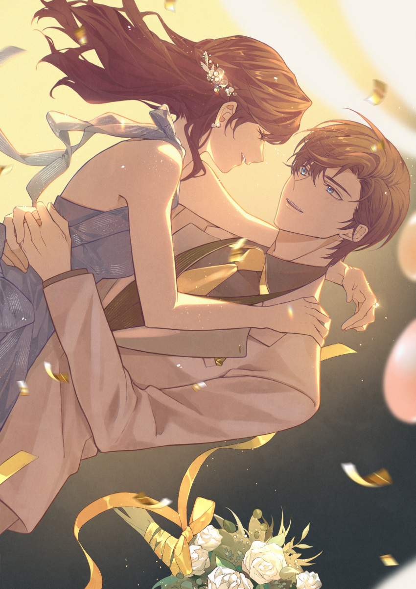 1boy, 1girl, :d, absurdres, artem_wing_(tears_of_themis), backless_dress, backless_outfit, bangs