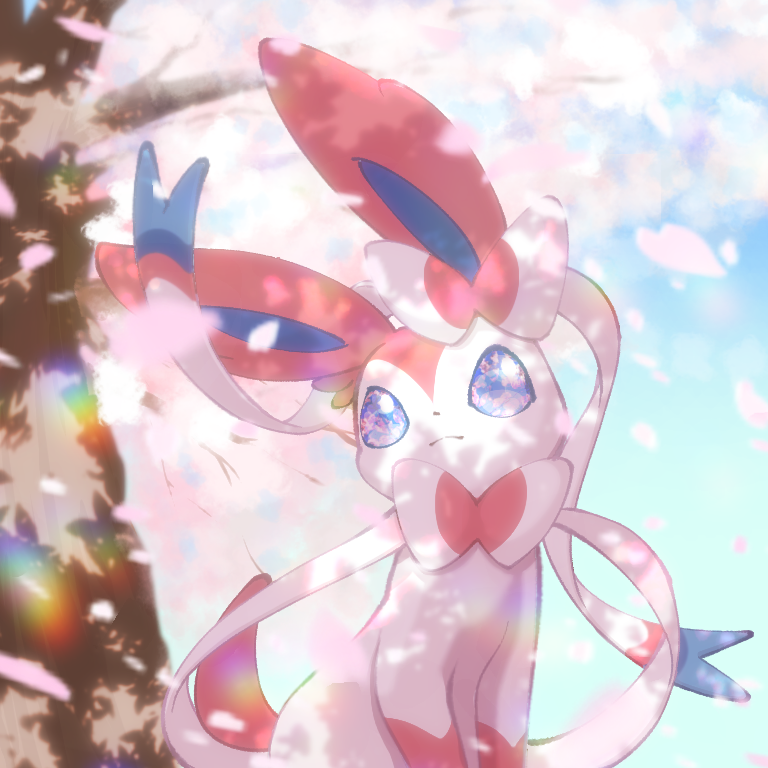 blue_eyes, closed_mouth, commentary_request, day, falling_petals, looking_up, no_humans, outdoors