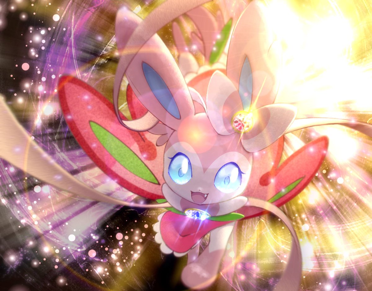 :d, blue_eyes, blue_gemstone, commentary_request, fang, gem, happy, no_humans, open_mouth, pokemon, pokemon_(creature), red_gemstone, smile, solo, sylveon, yuui_art