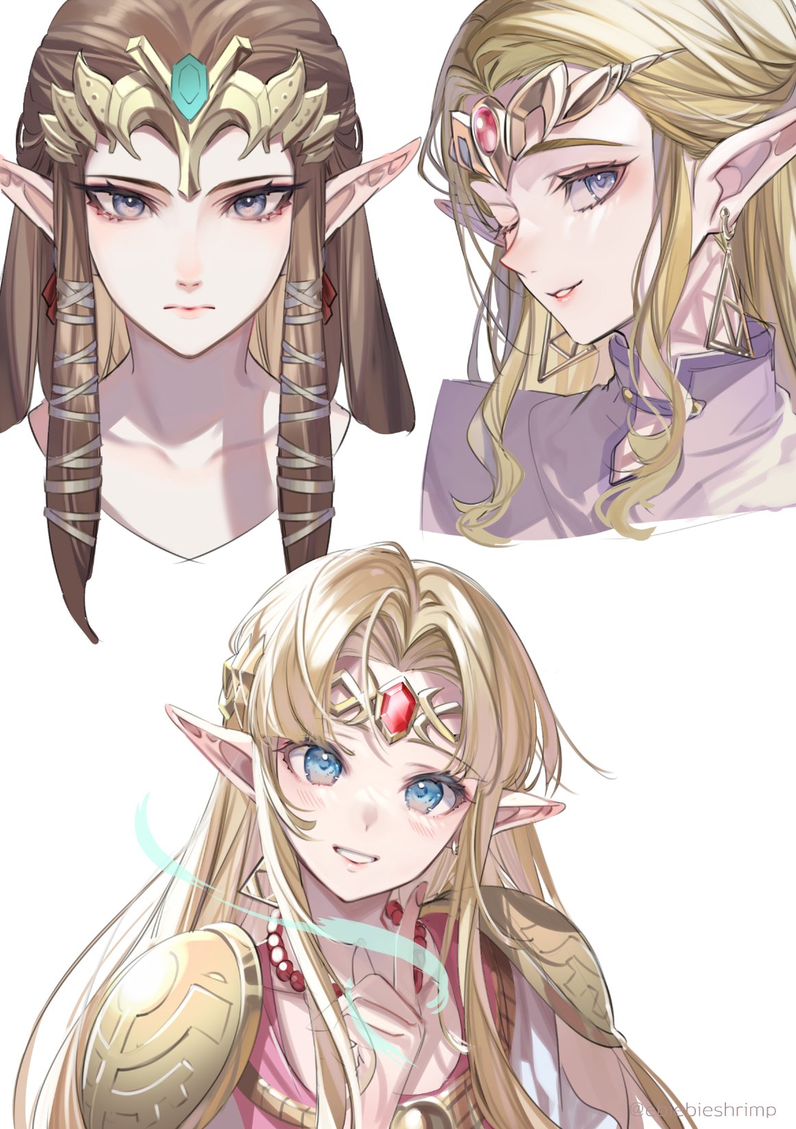 1girl, armor, bangs, bead_necklace, beads, blonde_hair, blue_eyes, brown_hair