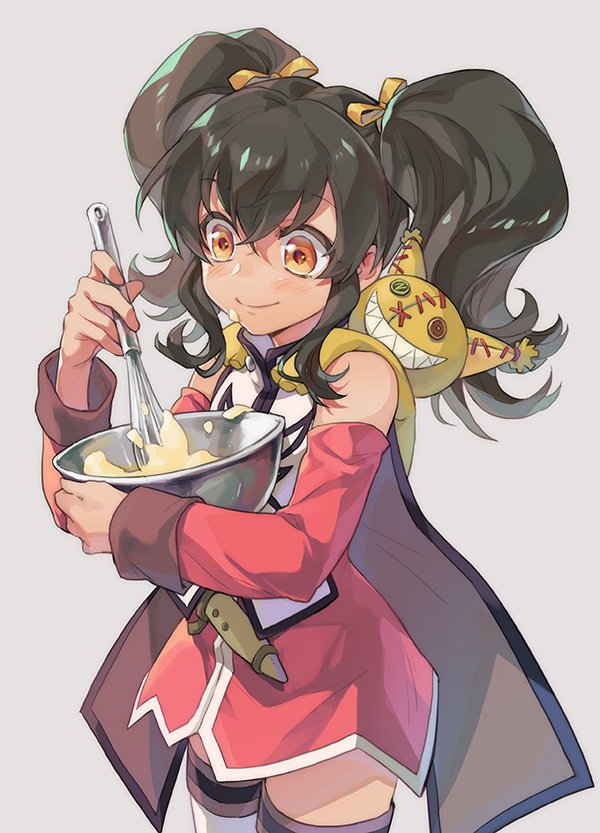 1girl, anise_tatlin, bare_shoulders, black_hair, blush, bowl, brown_eyes, closed_mouth