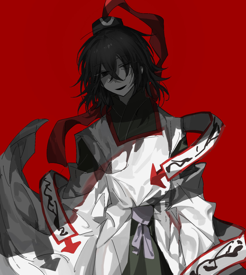 1other, alabaster_(fuzixi17884), androgynous, bangs, black_eyes, black_hair, colored_skin, crossed_bangs, detached_sleeves, green_hakama, hakama, hakama_skirt, hat, head_tilt, highres, japanese_clothes, kariginu, len'en, medium_hair, messy_hair, ofuda, ofuda_on_clothes, red_background, senri_tsurubami, simple_background, skirt, smile, solo, white_skin, white_sleeves