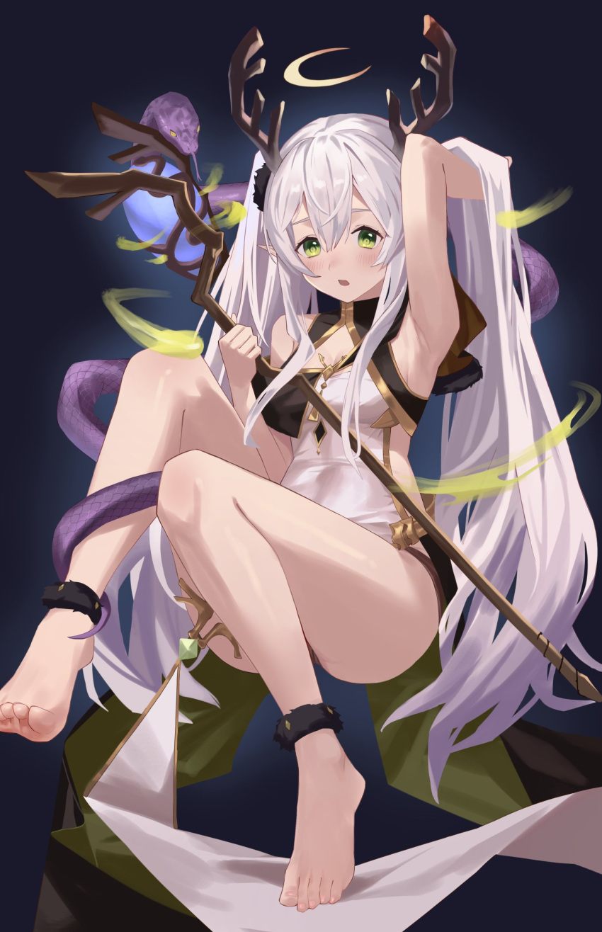 1girl, ankle_cuffs, antlers, armpits, bangs, bare_shoulders, barefoot, blue_background