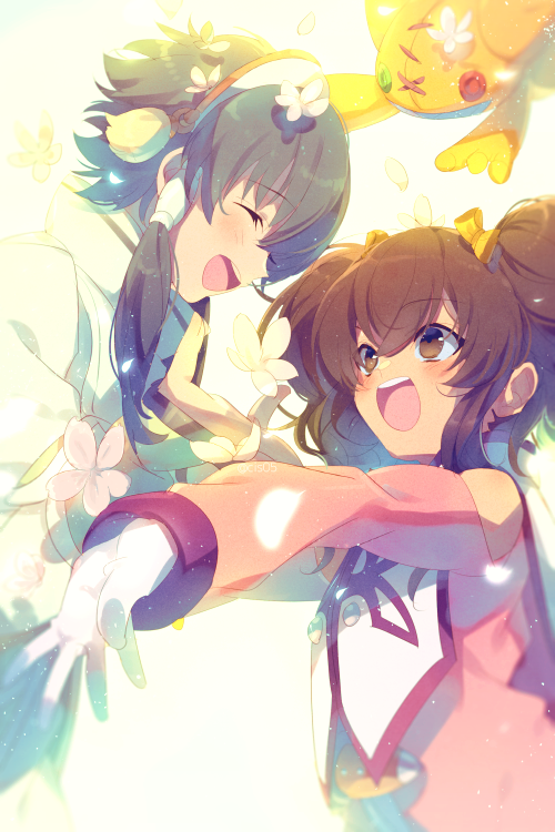 1boy, 1girl, :d, anise_tatlin, black_hair, brown_eyes, doll, echo_(circa)