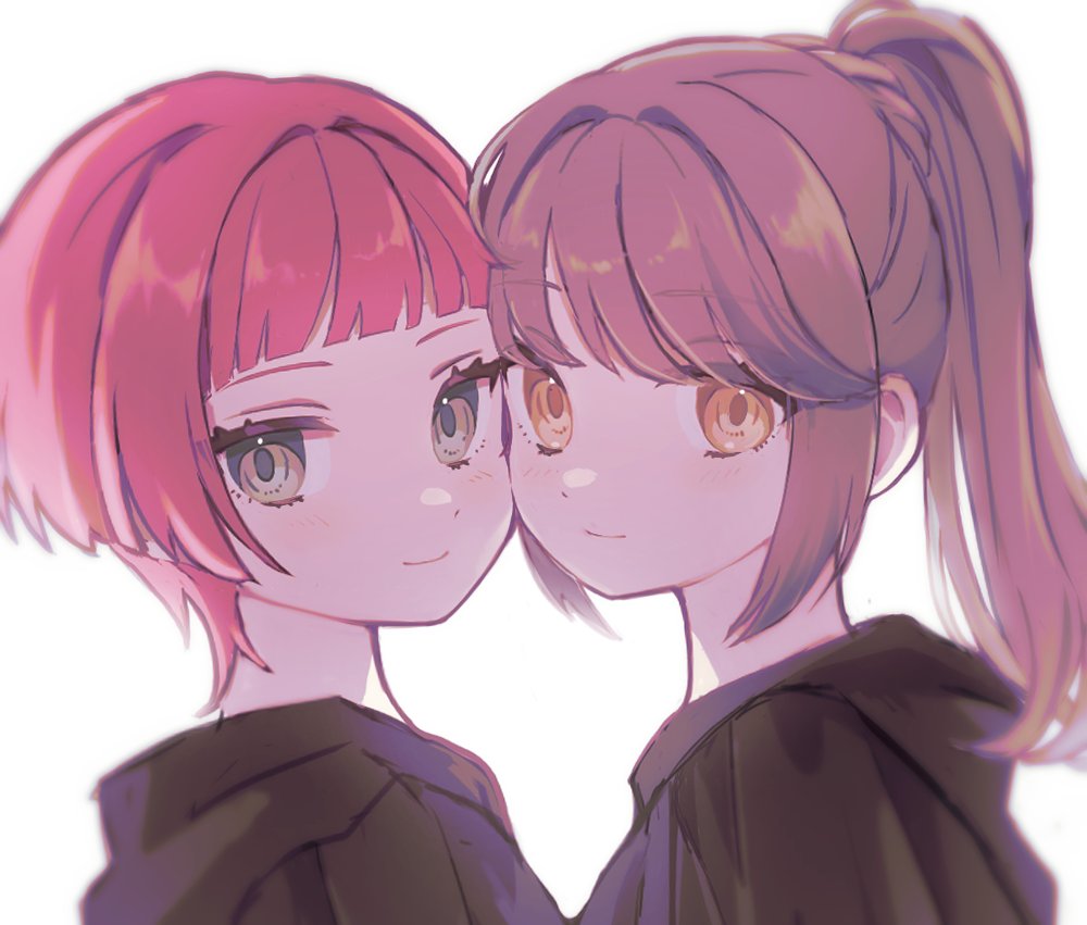 2girls, agdistis_(ff14), bangs, black_robe, blunt_bangs, blush, brown_hair, cheek-to-cheek, eyelashes, final_fantasy, final_fantasy_xiv, green_eyes, heads_together, hegemone_(ff14), long_hair, looking_at_viewer, multicolored_hair, multiple_girls, ponytail, portrait, redhead, robe, sawara_(starligtvision), short_hair, streaked_hair, white_background, yellow_eyes, yuri