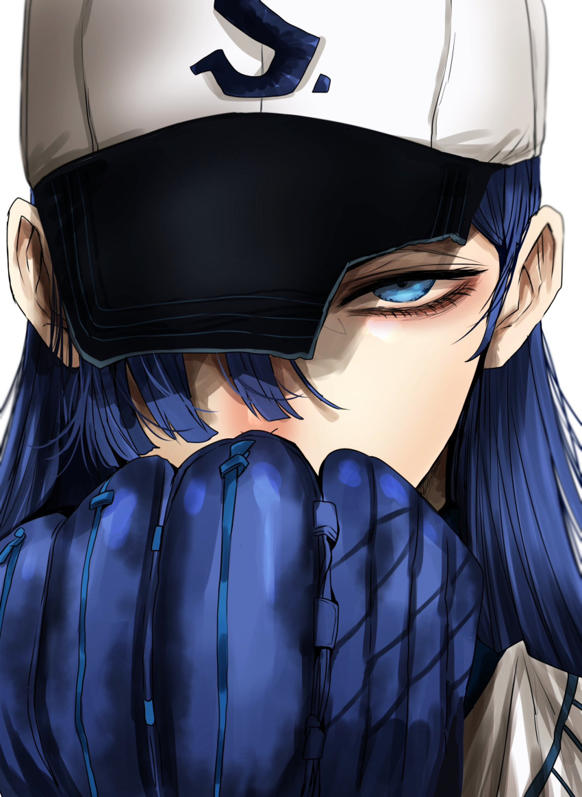 1girl, ado_(singer), asymmetrical_bangs, bangs, baseball_cap, baseball_mitt, blue_hair, close-up