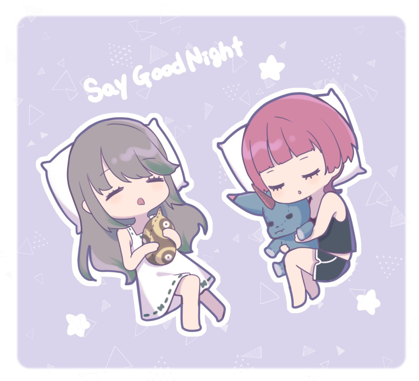 2girls, agdistis_(ff14), bangs, bare_shoulders, blunt_bangs, brown_hair, chibi, english_text