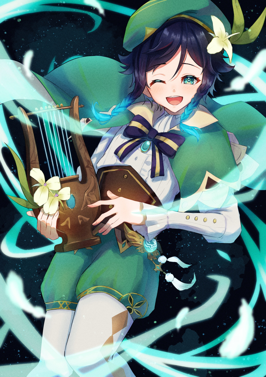 1boy, absurdres, androgynous, bangs, beret, black_background, black_hair, blue_hair