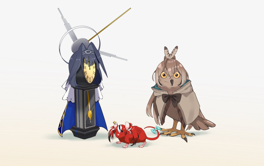 animalization, bird, black_hair, blue_hair, bow, brown_hair, cape, chain
