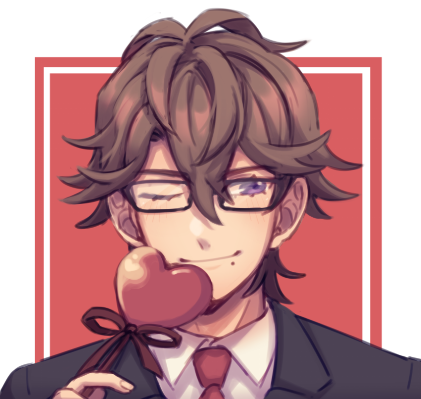 1boy, ;), black_jacket, border, brown_hair, collared_shirt, hair_between_eyes, heart