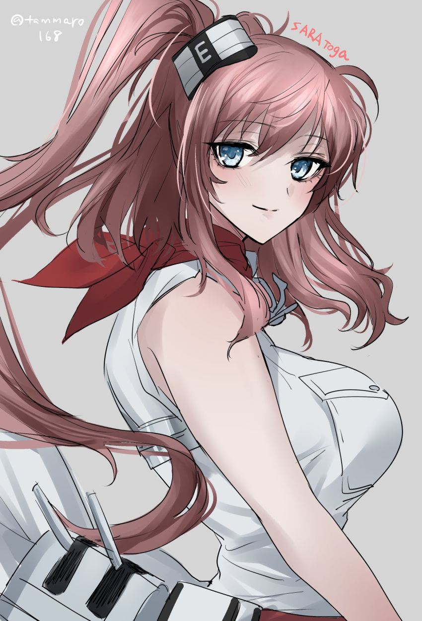 1girl, blue_eyes, blush, breast_pocket, breasts, brown_hair, character_name, closed_mouth