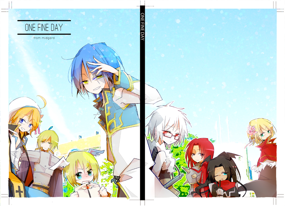 6+boys, acolyte_(ragnarok_online), arch_bishop_(ragnarok_online), armor, assassin_cross_(ragnarok_online), bangs, black_shirt, blonde_hair