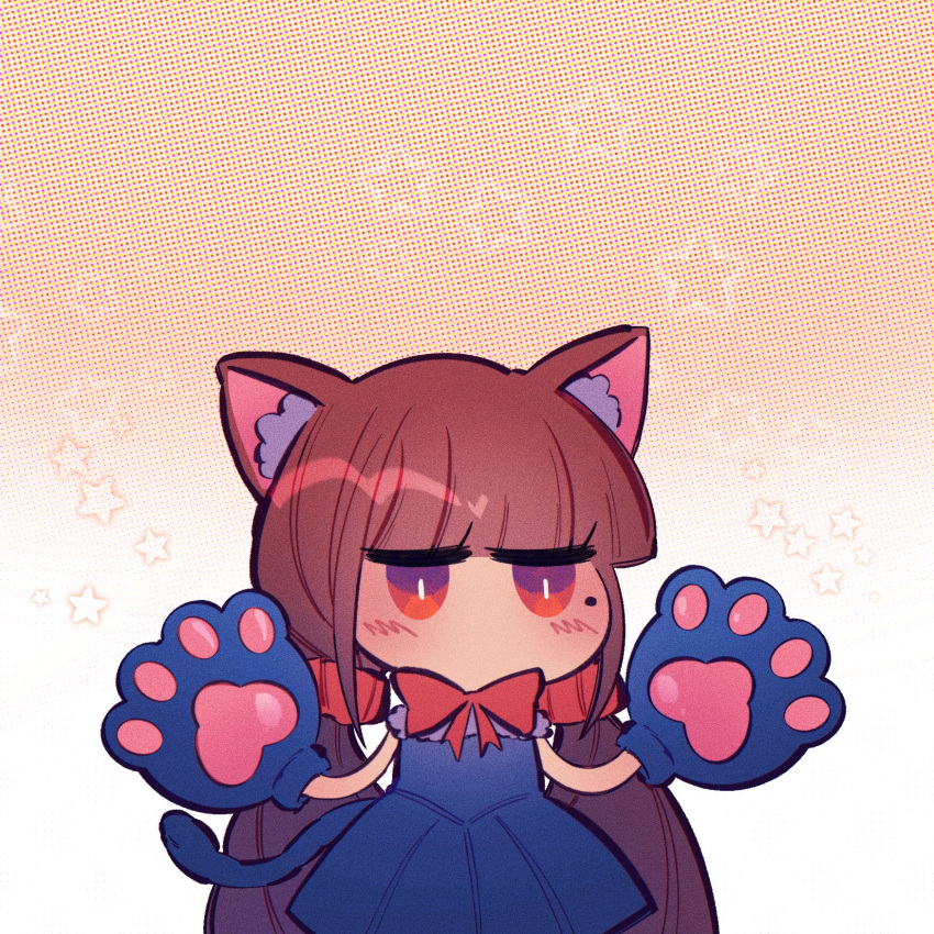 1girl, animal_ear_fluff, animal_ears, animal_hands, bangs, black_dress, blue_dress, blunt_bangs