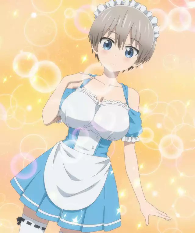 1girl, alternate_costume, anime, apron, blue_dress, blue_eyes, blue_skirt, bokeh