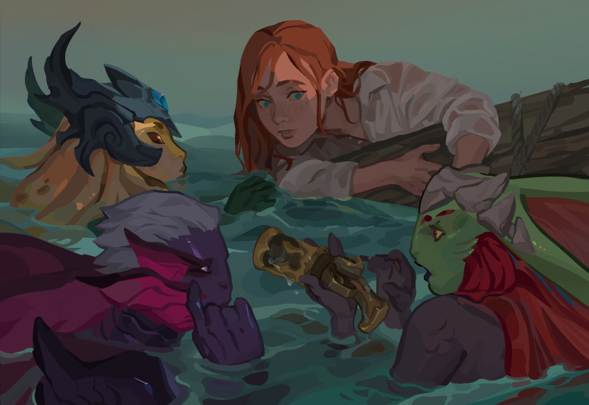 1boy, 3girls, :o, absurdres, bangs, black_sclera, black_skin, blonde_hair