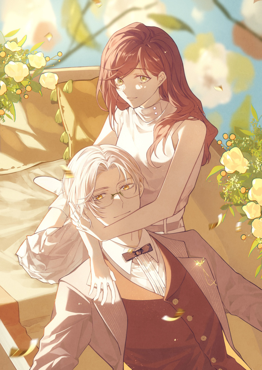 1boy, 1girl, absurdres, bangs, bare_shoulders, blurry, blurry_foreground, bow