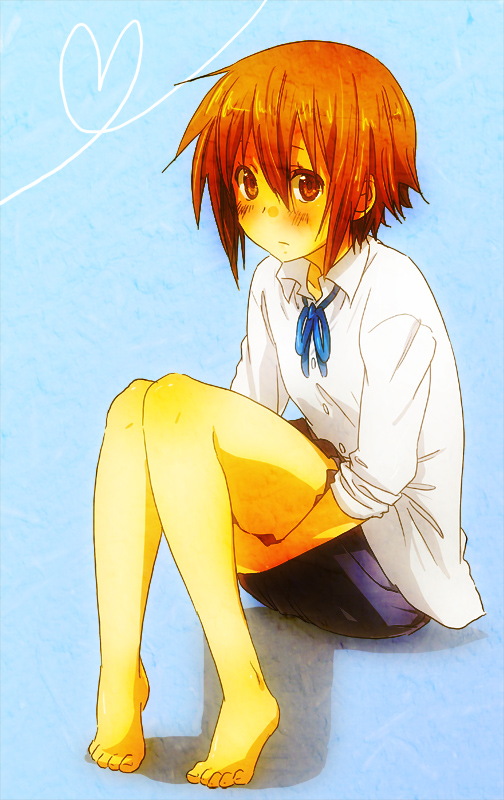 bangs, barefoot, blush, brown_eyes, brown_hair, feet, hair_down, heart