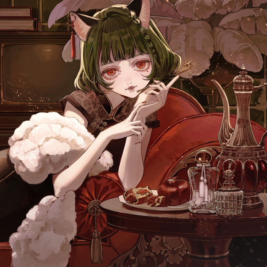 1girl, absurdres, animal_ears, bangs, black_dress, blunt_bangs, book, bottle