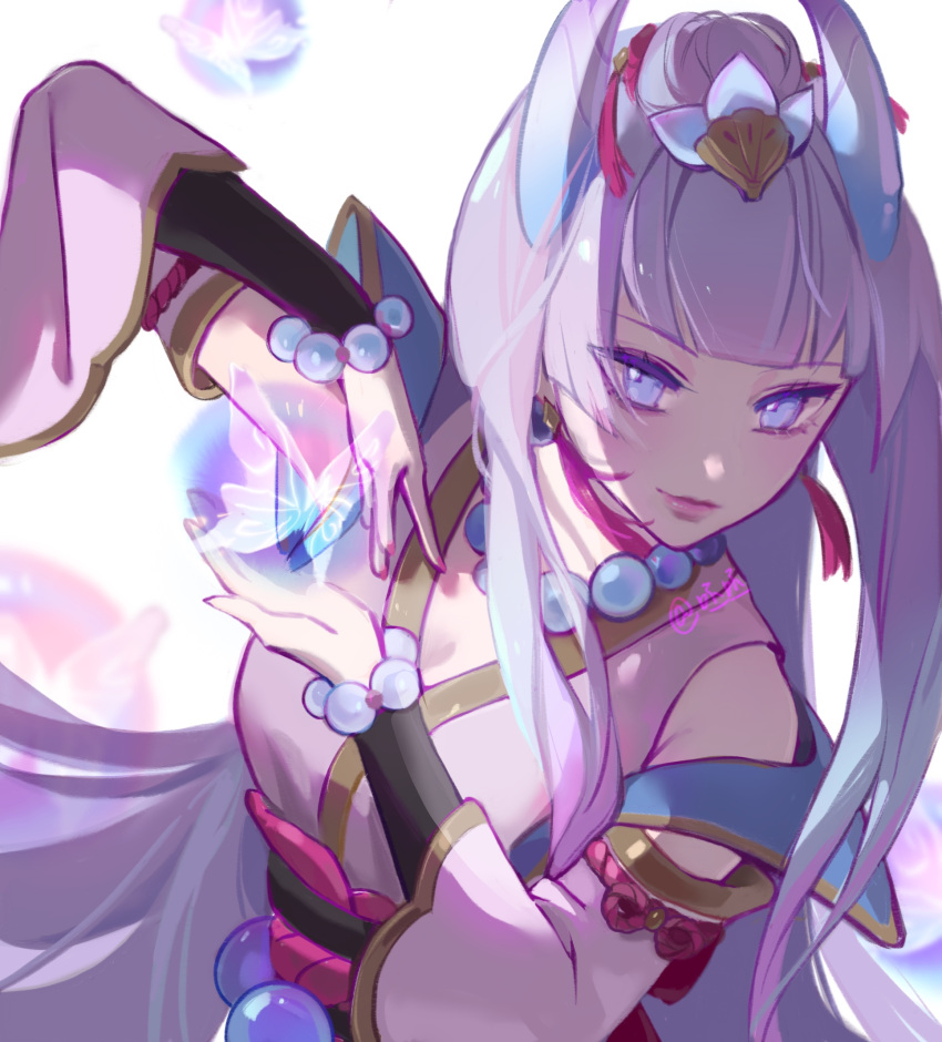 1girl, bai_ling_shi_pei_pei, bangs, bare_shoulders, bead_belt, bead_bracelet, beads, bracelet, breasts, bug, butterfly, closed_mouth, commentary_request, detached_sleeves, earrings, hair_ornament, highres, horns, jewelry, large_breasts, league_of_legends, long_hair, long_sleeves, magic, pink_eyes, rope, smile, solo, spirit_blossom_syndra, syndra, upper_body, white_background