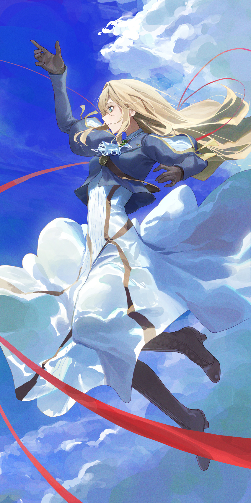 1girl, absurdres, ascot, bangs, blonde_hair, blue_eyes, blue_jacket, blue_sky