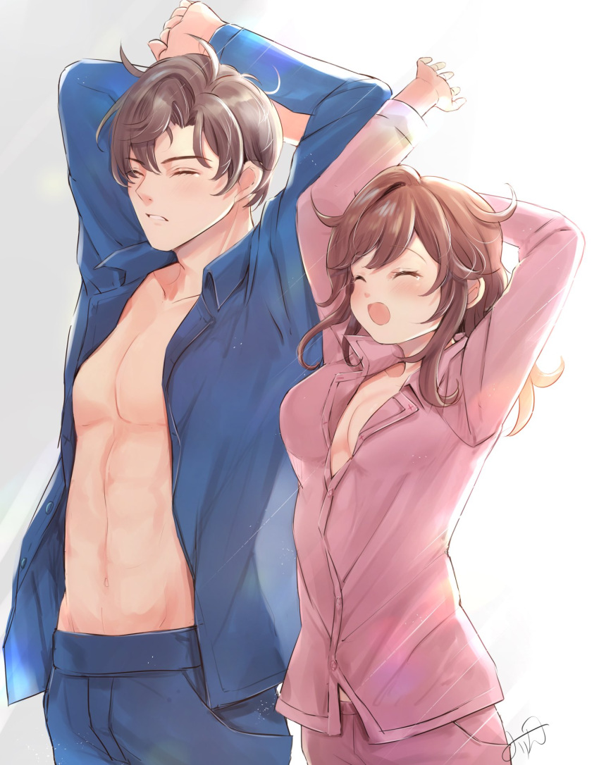 1boy, 1girl, abs, arms_up, artem_wing_(tears_of_themis), blue_pajamas, blue_pants, blue_shirt