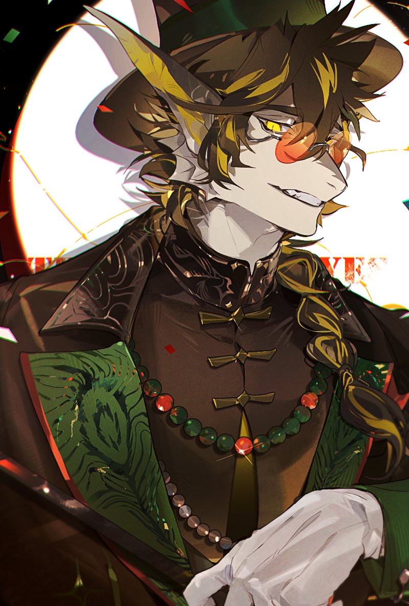 1boy, arknights, bishounen, black_shirt, brown_hair, chinese_clothes, glasses, gloves