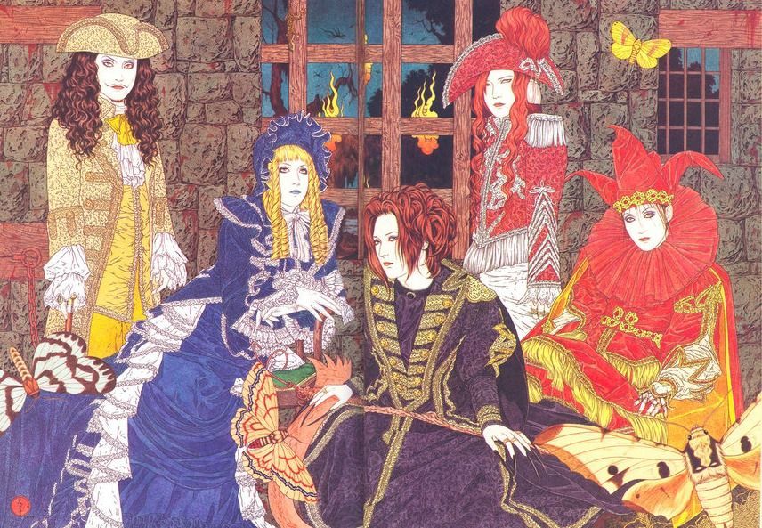 band, blonde_hair, bug, curly_hair, hat, malice_mizer, moth, nihonga, redhead, third-party_source, ukiyo-e, yamamoto_takato