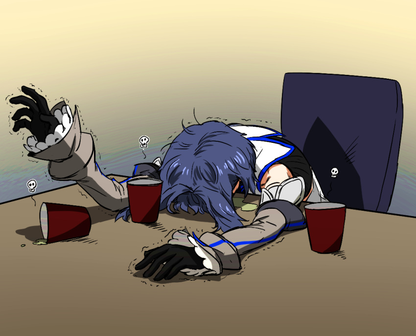 1girl, black_gloves, blue_hair, chair, cup, ddolbang, detached_sleeves, gloves