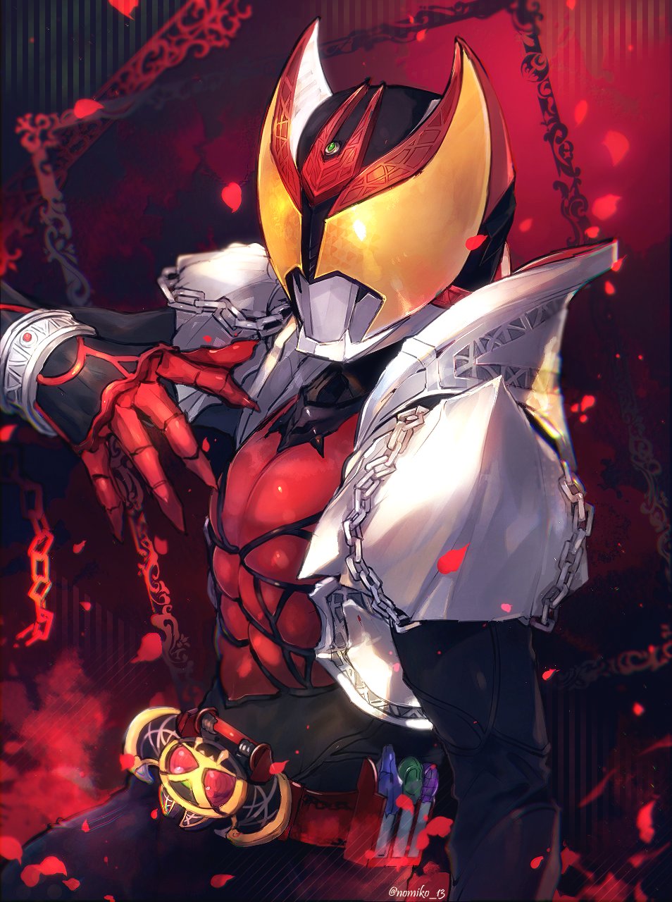 1boy, armor, belt, black_background, black_bodysuit, bodysuit, breastplate, chain