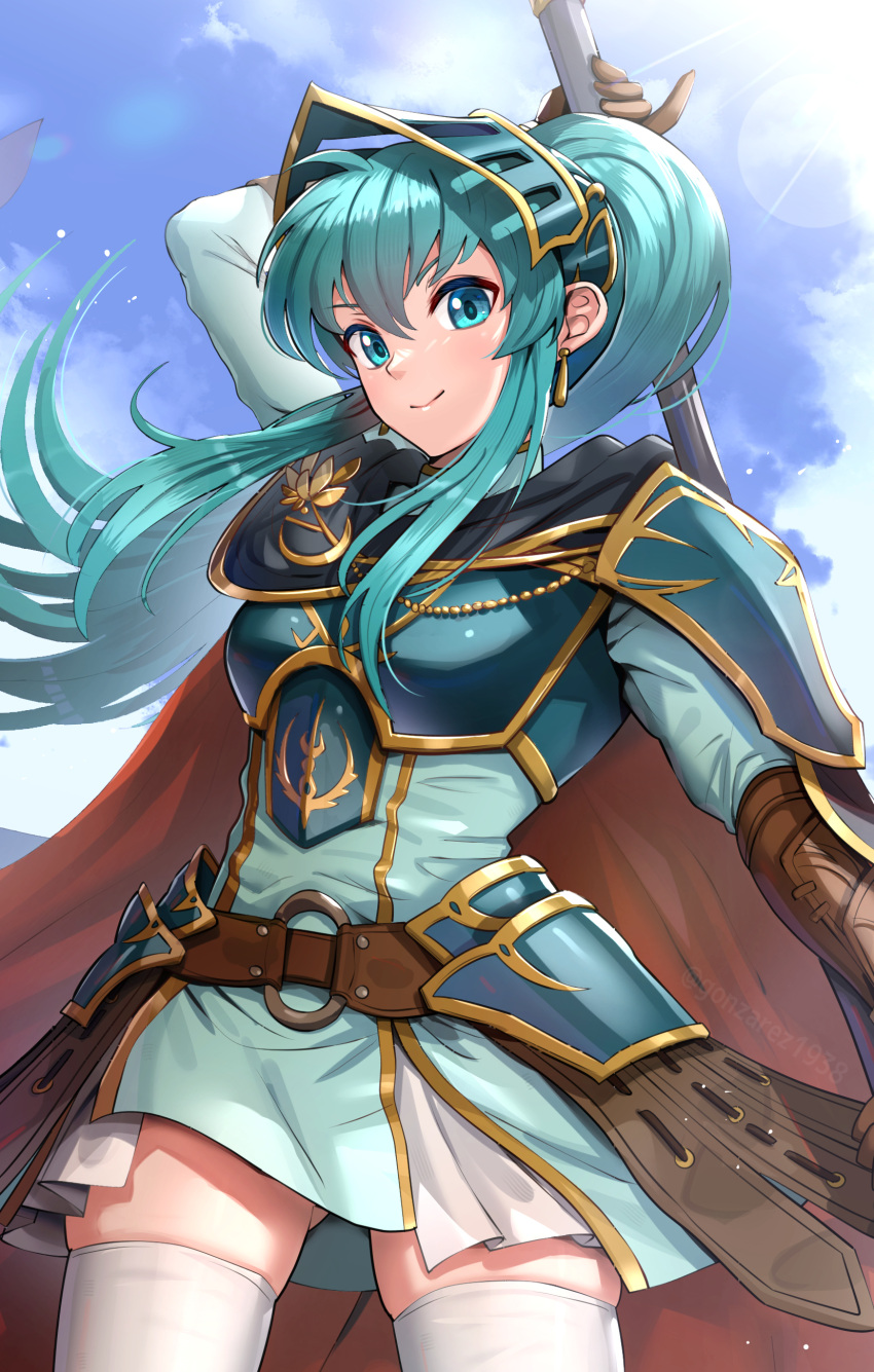 1girl, absurdres, alternate_costume, blue_eyes, blue_hair, cosplay, eirika_(fire_emblem), ephraim_(fire_emblem)