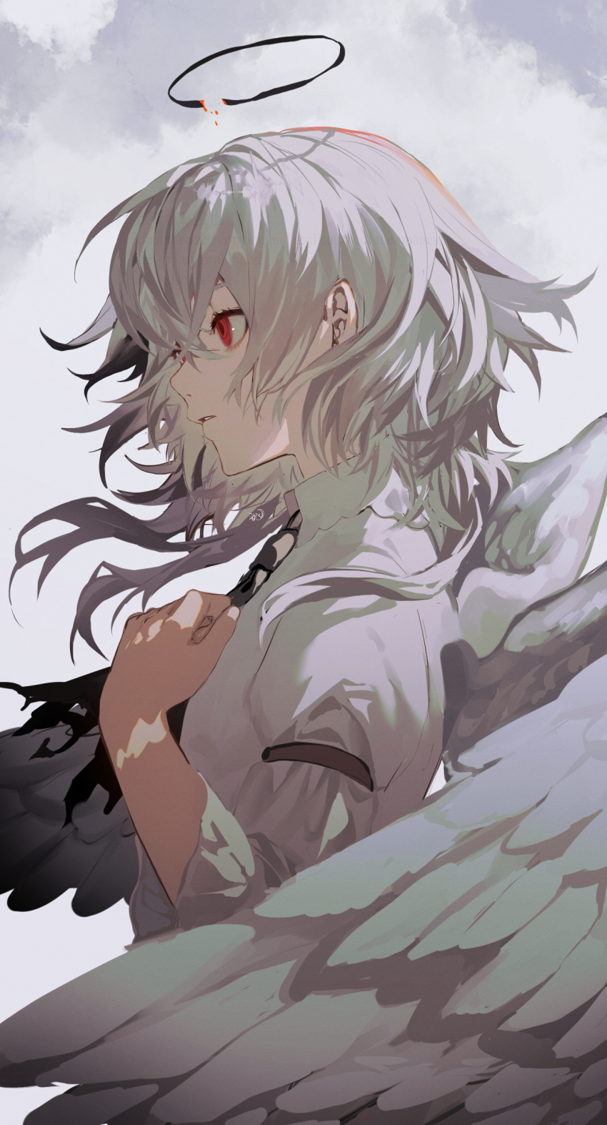 1girl, absurdres, angel, angel_wings, bangs, clouds, facing_to_the_side, feathered_wings