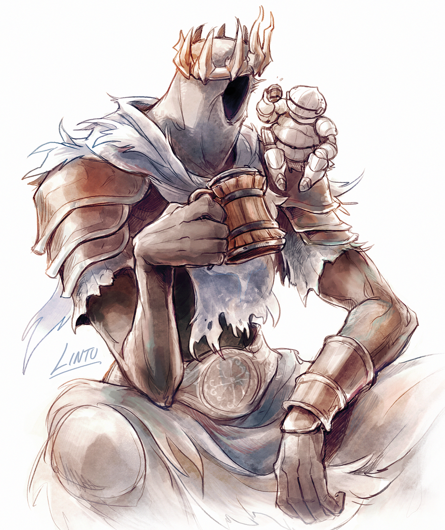 2boys, alcohol, armor, beer_mug, cape, cup, dark_souls_(series), dark_souls_iii