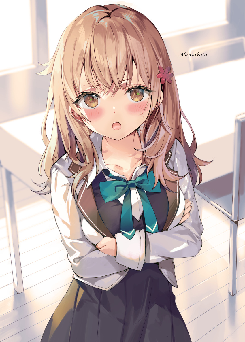 1girl, absurdres, alansakata, aqua_ribbon, arms_under_breasts, artist_name, bangs, black_dress, blazer, blush, breasts, brown_eyes, brown_hair, chair, collarbone, collared_jacket, collared_shirt, colorized, crossed_arms, crossed_bangs, day, dress, floor, flower, frown, grey_jacket, hair_flower, hair_ornament, hair_over_shoulder, hairpin, highres, indoors, jacket, long_hair, long_sleeves, looking_at_viewer, loose_neck_ribbon, mariya_mikhailovna_kujou, medium_breasts, momoko_(momopoco), neck_ribbon, open_clothes, open_jacket, open_mouth, pleated_blazer, pleated_dress, pleated_shirt, ribbon, school_uniform, serious, shirt, solo, table, talking, teeth, third-party_edit, tokidoki_bosotto_roshia-go_de_dereru_tonari_no_arya-san, upper_teeth, white_shirt, window, wooden_floor