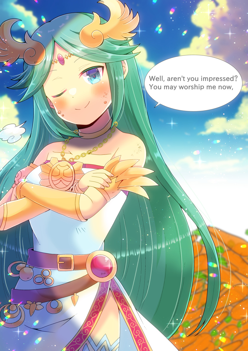 1girl, ;), bare_shoulders, carrot, commissioner_upload, crossed_arms, doyagao, english_text