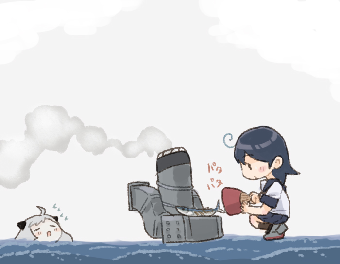 2girls, abyssal_ship, ahoge, black_hair, black_sailor_collar, black_skirt, commentary_request, fanning