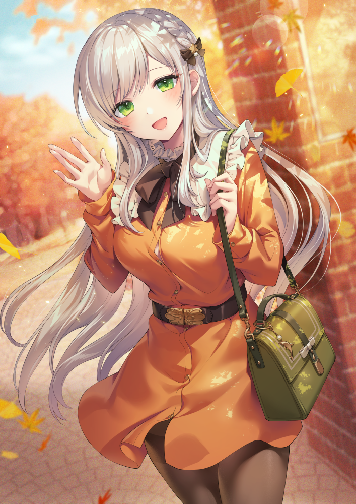 1girl, :d, autumn, autumn_leaves, bag, bangs, belt, blush