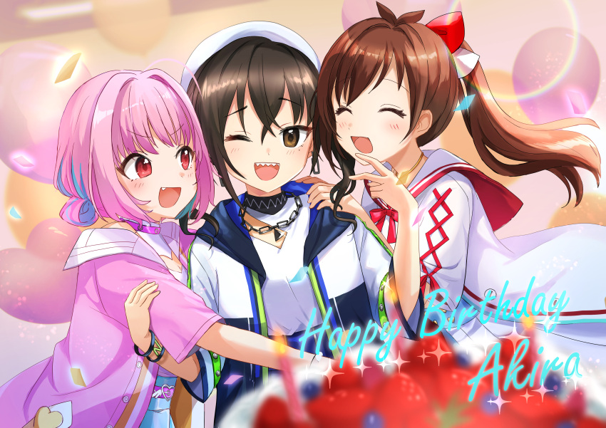 #unicus_(idolmaster), 3girls, absurdres, ahoge, balloon, bangs, belt, birthday_cake