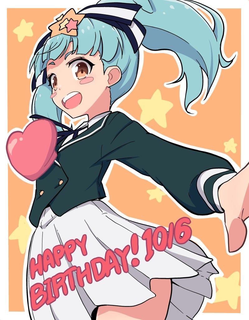 1girl, blue_hair, blush, hair_ornament, hair_ribbon, happy_birthday, heart, heart_out_of_chest