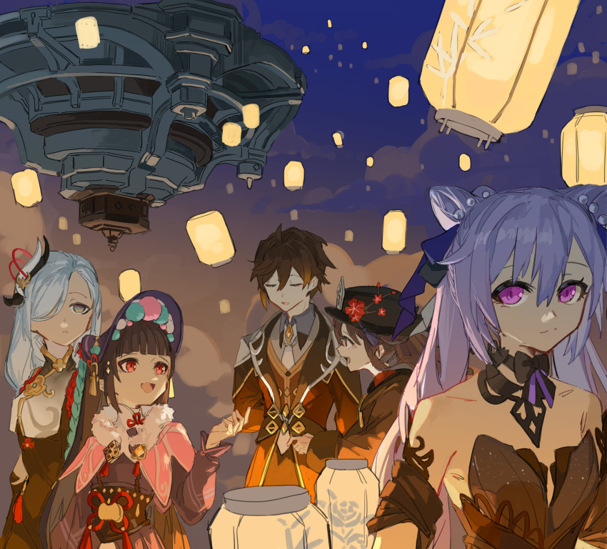1boy, 4girls, absurdres, bangs, black_dress, black_hair, black_headwear, blue_eyes