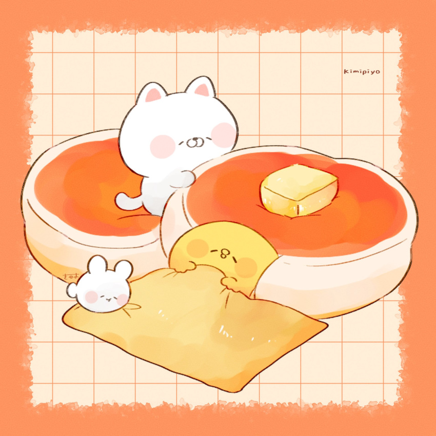 3others, artist_name, bird, blush_stickers, border, butter, cat, character_name, chick, chicken, closed_eyes, commentary, creature, food, highres, kimipiyo_(tenmiyakiyo), multiple_others, neko_(tenmiyakiyo), orange_border, original, oversized_food, pancake, rabbit, signature, sleeping, souffle_pancake, symbol-only_commentary, tenmiyakiyo, usachii_(tenmiyakiyo)