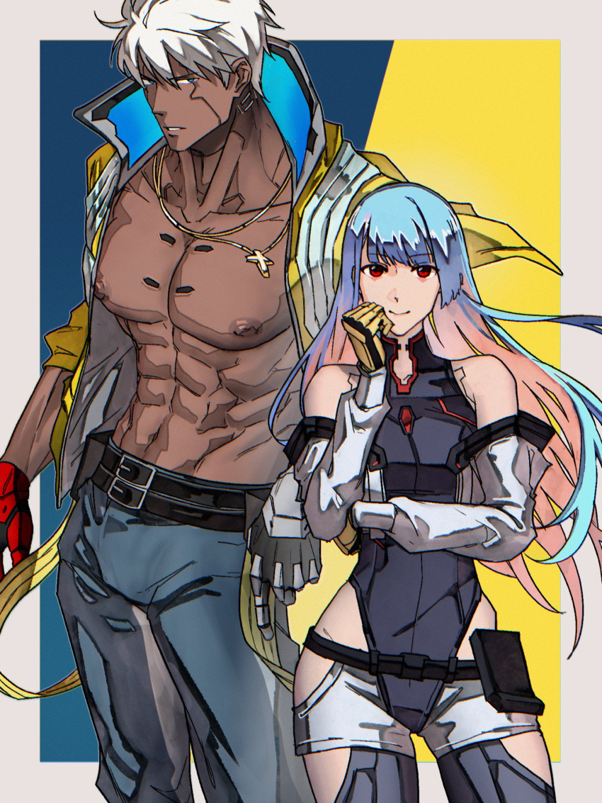 1boy, 1girl, abs, belt, black_leotard, blue_background, blue_eyes, blue_hair, blue_pants, border, closed_mouth, cosplay, cross, cross_necklace, cyberpunk_(series), cyberpunk_edgerunners, dark-skinned_male, dark_skin, david_martinez, david_martinez_(cosplay), detached_sleeves, english_commentary, gloves, highres, jacket, jewelry, k'_(kof), kula_diamond, large_pectorals, leotard, long_hair, looking_at_viewer, lucy_(cyberpunk), lucy_(cyberpunk)_(cosplay), navel, necklace, nipples, pants, parted_lips, pectorals, red_eyes, short_hair, smile, standing, syachiiro, the_king_of_fighters, white_border, white_hair, yellow_background, yellow_gloves, yellow_jacket