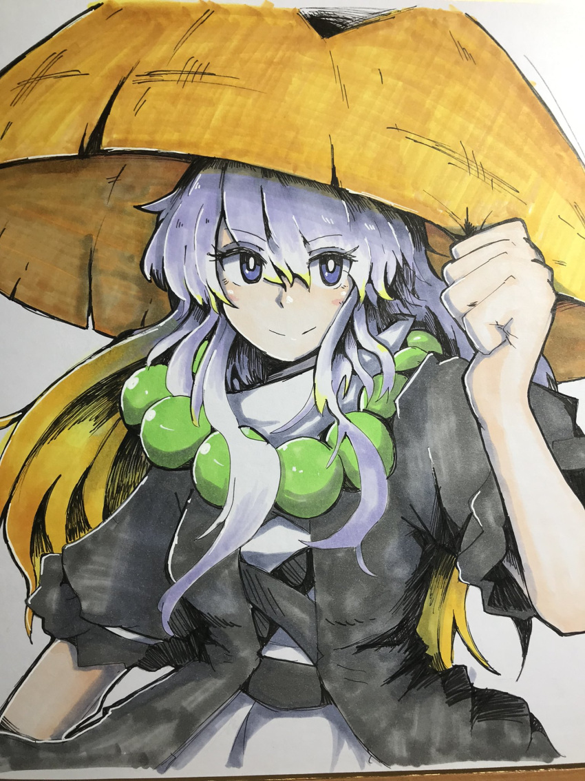 1girl, ajirogasa, beads, bright_pupils, brown_hair, brown_headwear, closed_mouth, cross-laced_clothes