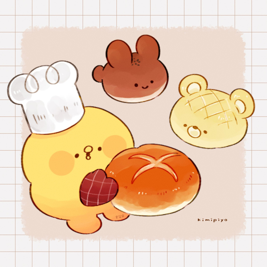1other, animal-shaped_food, bird, blush_stickers, bread, brown_background, character_name, chef_hat