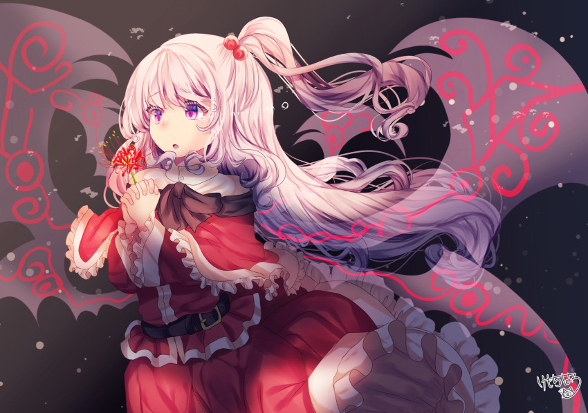 1girl, black_background, black_wings, capelet, flower, hair_bobbles, hair_ornament, highres, holding, holding_flower, kemo_chiharu, long_hair, multiple_wings, one_side_up, own_hands_together, pink_eyes, red_capelet, red_shirt, red_skirt, shinki_(touhou), shirt, signature, skirt, solo, touhou, touhou_(pc-98), white_hair, wings