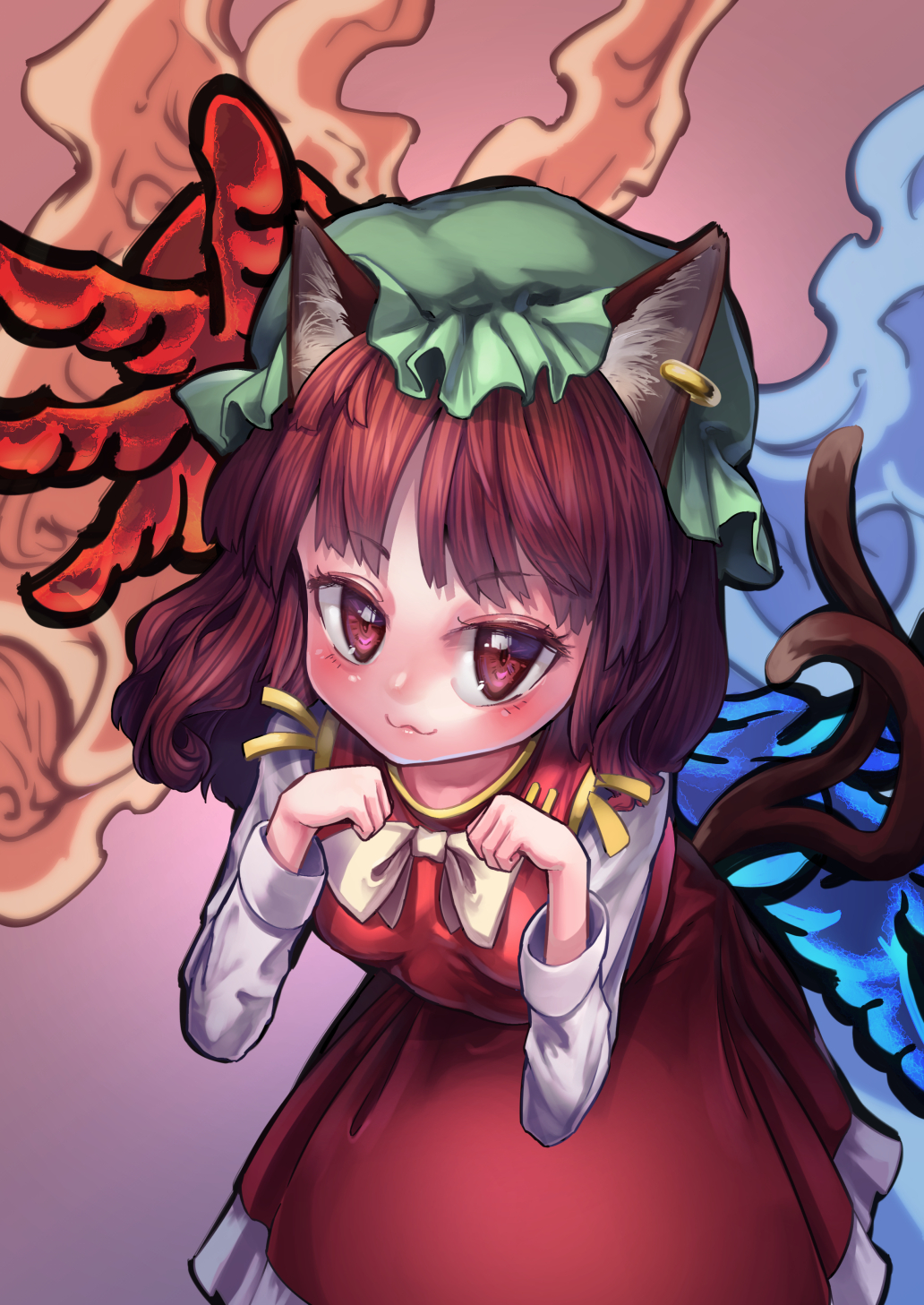 1girl, :3, animal_ears, brown_eyes, brown_hair, cat_ears, cat_tail, chen, earrings, from_above, hat, highres, jewelry, leaning_forward, looking_at_viewer, multiple_tails, paw_pose, tail, touhou, yawdeone