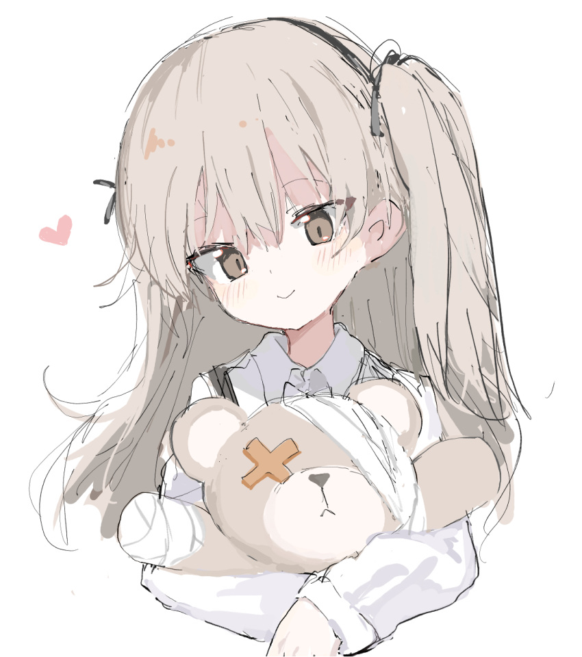 1girl, bandages, bangs, black_hairband, boko_(girls_und_panzer), brown_eyes, brown_hair, closed_mouth, collared_shirt, cropped_torso, girls_und_panzer, hair_between_eyes, hairband, head_tilt, heart, highres, long_hair, long_sleeves, object_hug, one_side_up, sanma_(tabet_), shimada_arisu, shirt, simple_background, sketch, sleeves_past_wrists, smile, solo, stuffed_animal, stuffed_toy, teddy_bear, upper_body, white_background, white_shirt