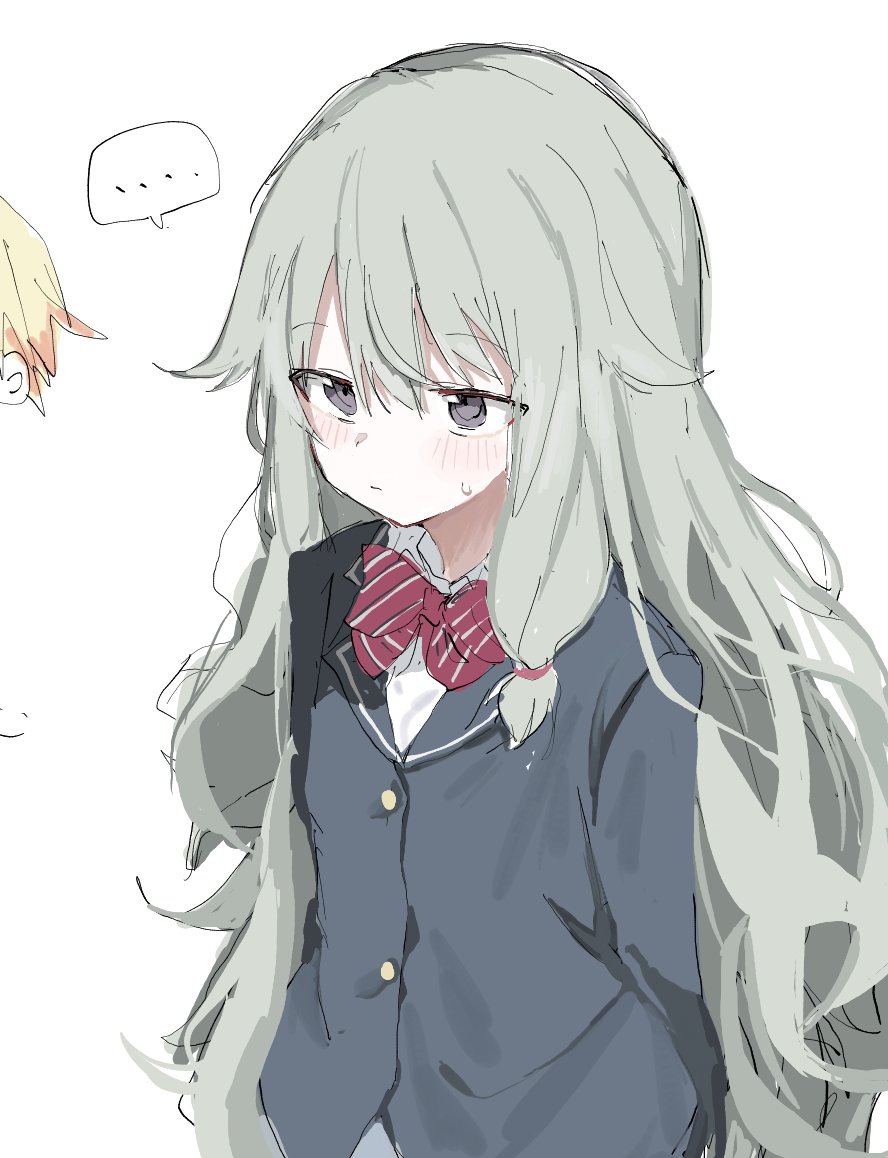 ..., 1girl, bangs, black_jacket, blazer, blonde_hair, bow, collared_shirt, copyright_request, diagonal-striped_bow, grey_eyes, grey_hair, hair_between_eyes, jacket, long_hair, red_bow, sanma_(tabet_), school_uniform, shirt, simple_background, solo_focus, spoken_ellipsis, very_long_hair, white_background, white_shirt