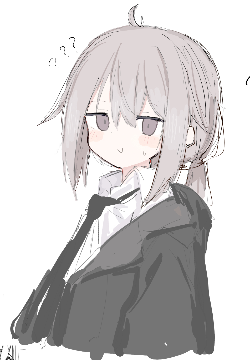 1girl, ?, ahoge, bangs, black_jacket, black_necktie, blush_stickers, collared_shirt, cropped_torso, girls_frontline, grey_eyes, grey_hair, hair_between_eyes, highres, jacket, long_hair, looking_at_viewer, m200_(girls'_frontline), necktie, open_clothes, open_jacket, parted_lips, sanma_(tabet_), shirt, simple_background, sketch, solo, sweat, upper_body, white_background, white_shirt