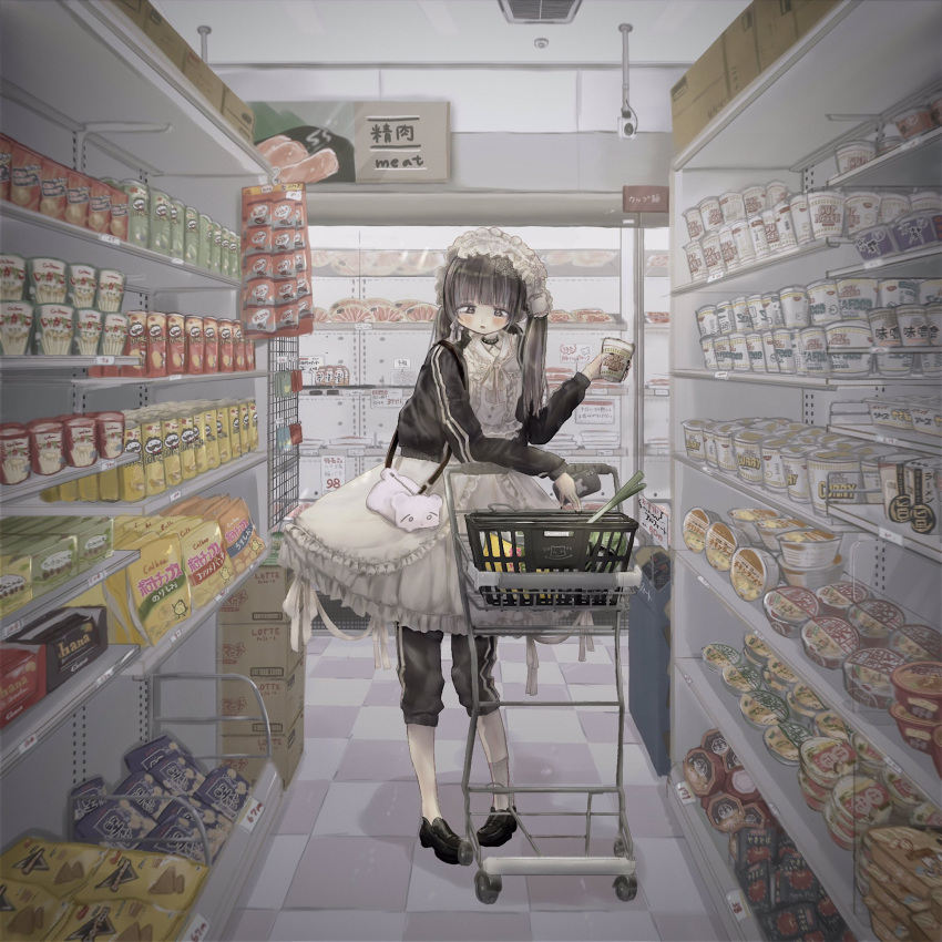 1girl, animal_bag, apron, bag_of_chips, bangs, black_footwear, black_pants, black_sleeves, brown_eyes, brown_hair, curry, doritos, dress, food, highres, holding, holding_food, indoors, lotte, maid_apron, maid_headdress, meat, pants, pringles, pringles_can, scenery, shinanashina, shop, shopping, shopping_cart, single_sock, socks, spring_onion, striped_sleeves, twintails, white_dress