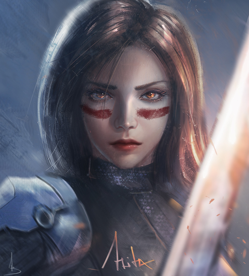 1girl, alita, armor, battle_angel_alita, blood, blood_on_face, blurry, bodysuit